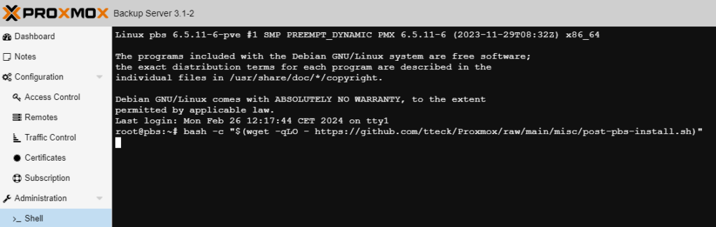 Proxmox Backup Server Shell