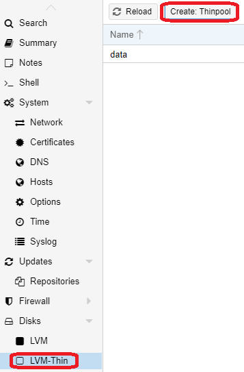 Proxmox Speicher Create Thinpool