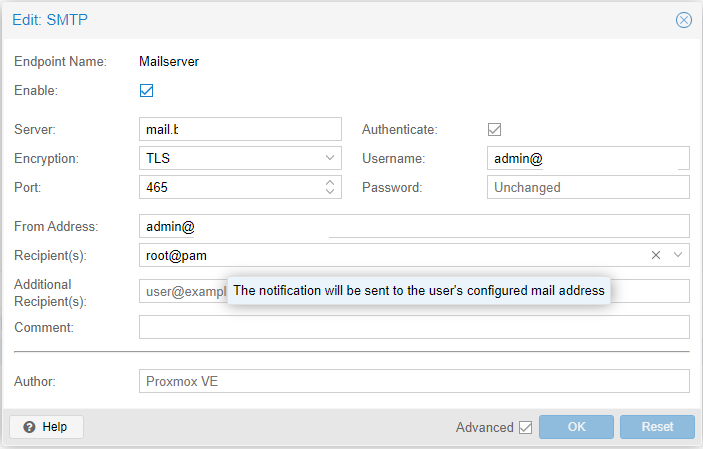 Proxmox Notifications SMTP