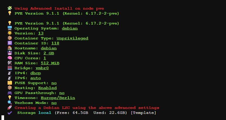 Proxmox VE Helper-Scripts - Debian LCX Advanced