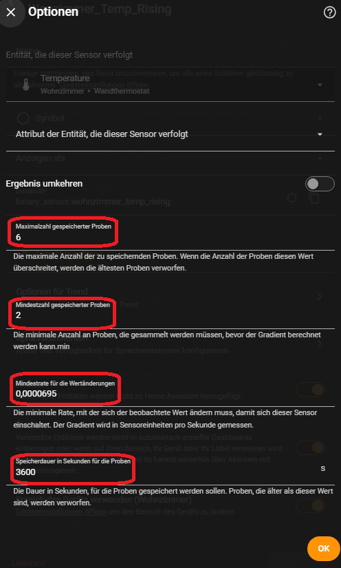 Temperatur Trend im Home Assistant Dashbaord - Trend Helfer